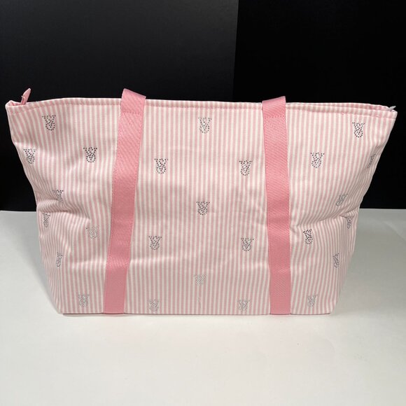 Victoria Secret Heritage Pink Stripe Weekender Bag Tote Zipper Rhinestone Logo - Picture 3 of 11